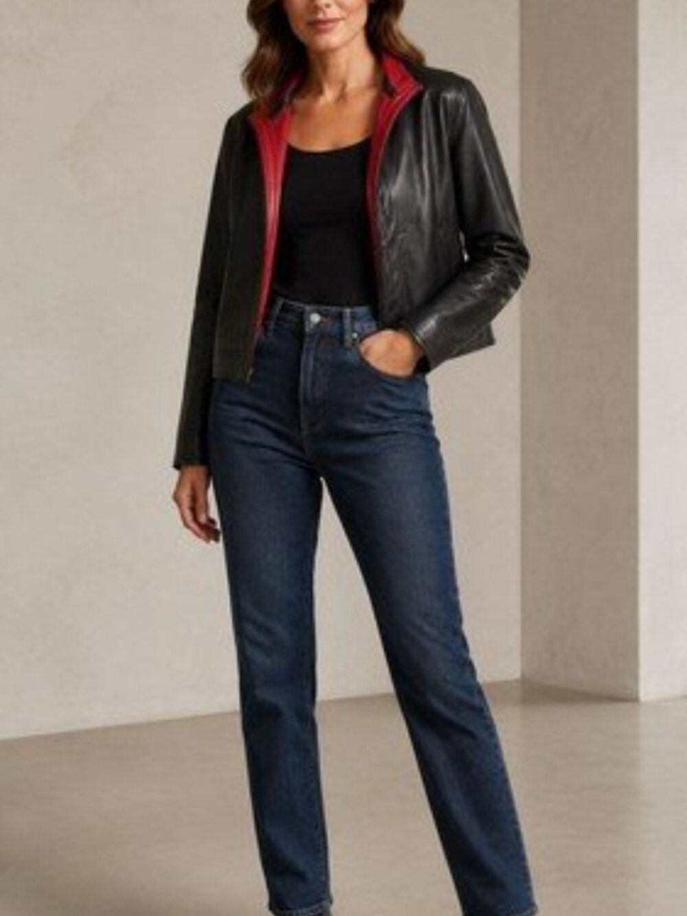 Women's Black Leather Red Lining Zip Front Convertable Jacket XS